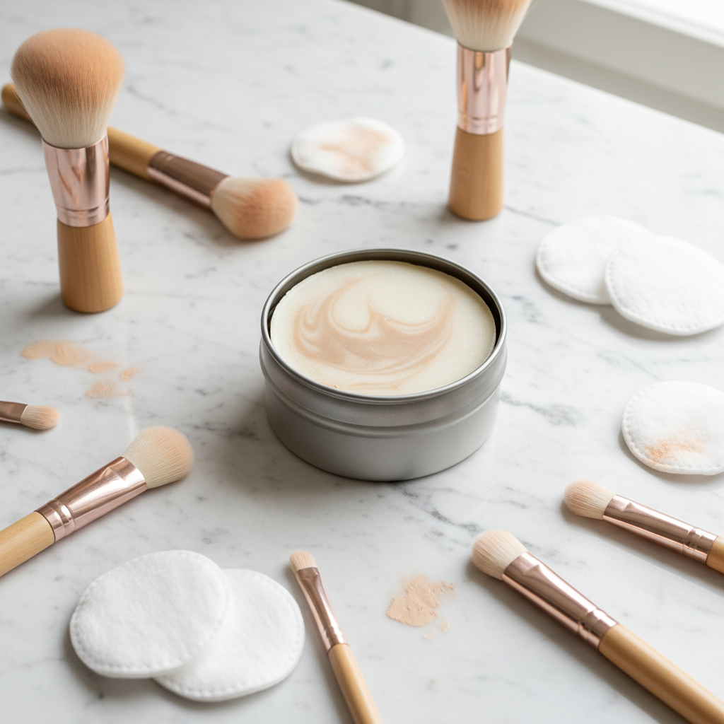 Round handmade makeup brush cleansing soap in a shallow tin can with clean and used makeup brushes