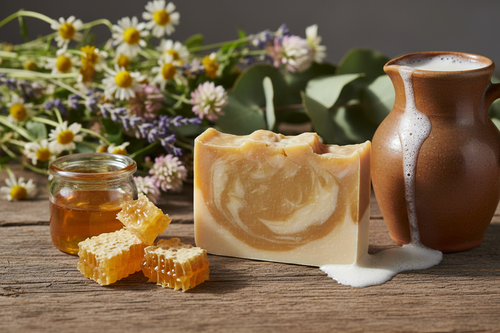 Rectangular handmade honey and goat milk soap bar on rustic wooden surface with honey and natural botanicals, no watermarks